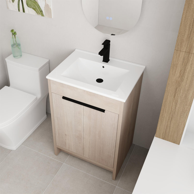 Jeliana 24'' Single Bathroom Vanity with Ceramic Top，2 Soft Close Doors and 1 Adjustable Shelf, Beige