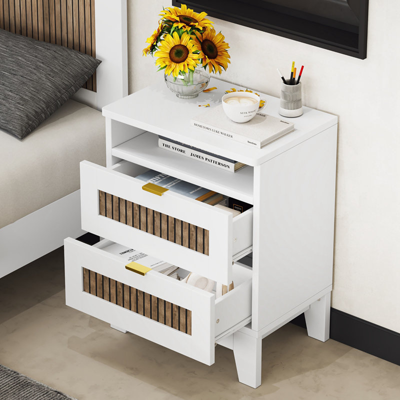 White and Brown Wooden 2-Drawer Farmhouse Nightstand