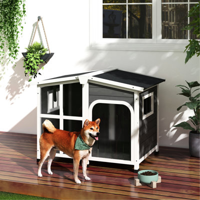 Open Roof Dog House For Big Dogs, Cabin Style, Giant Perspective Window, Outdoor Indoor, Gray Hut Fun - Cabin-Style Wooden With & Gray, Weather-, Suits Up To 66 Lbs. Dogs