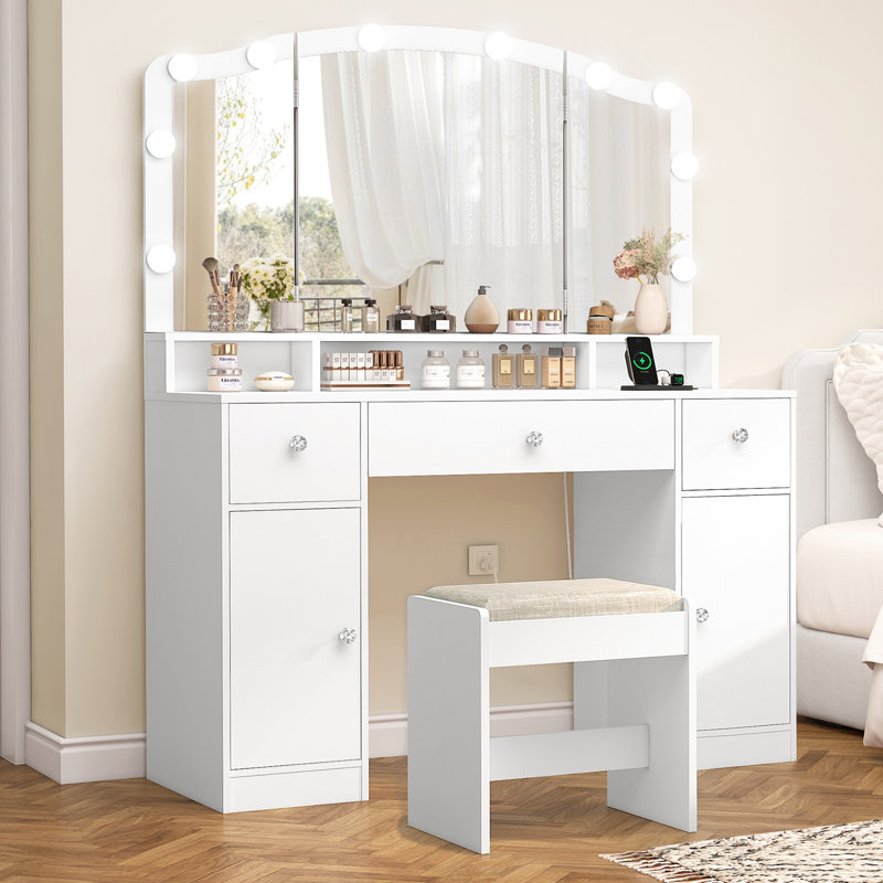 Coiffeuse de maquillage avec miroir et lumières, Blanc