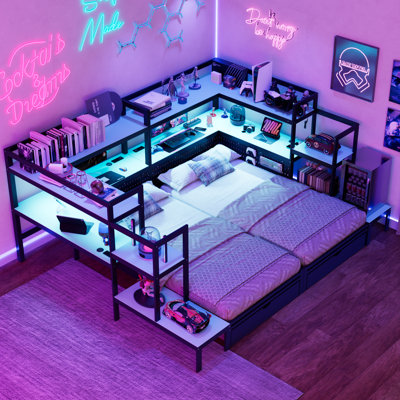 Lit de jour avec bureau intégré et lumière DEL, base de lit moderne avec 3 tiroirs de rangement et station de charge intégrée, bibliothèque multifonctionnelle pour tête de lit
