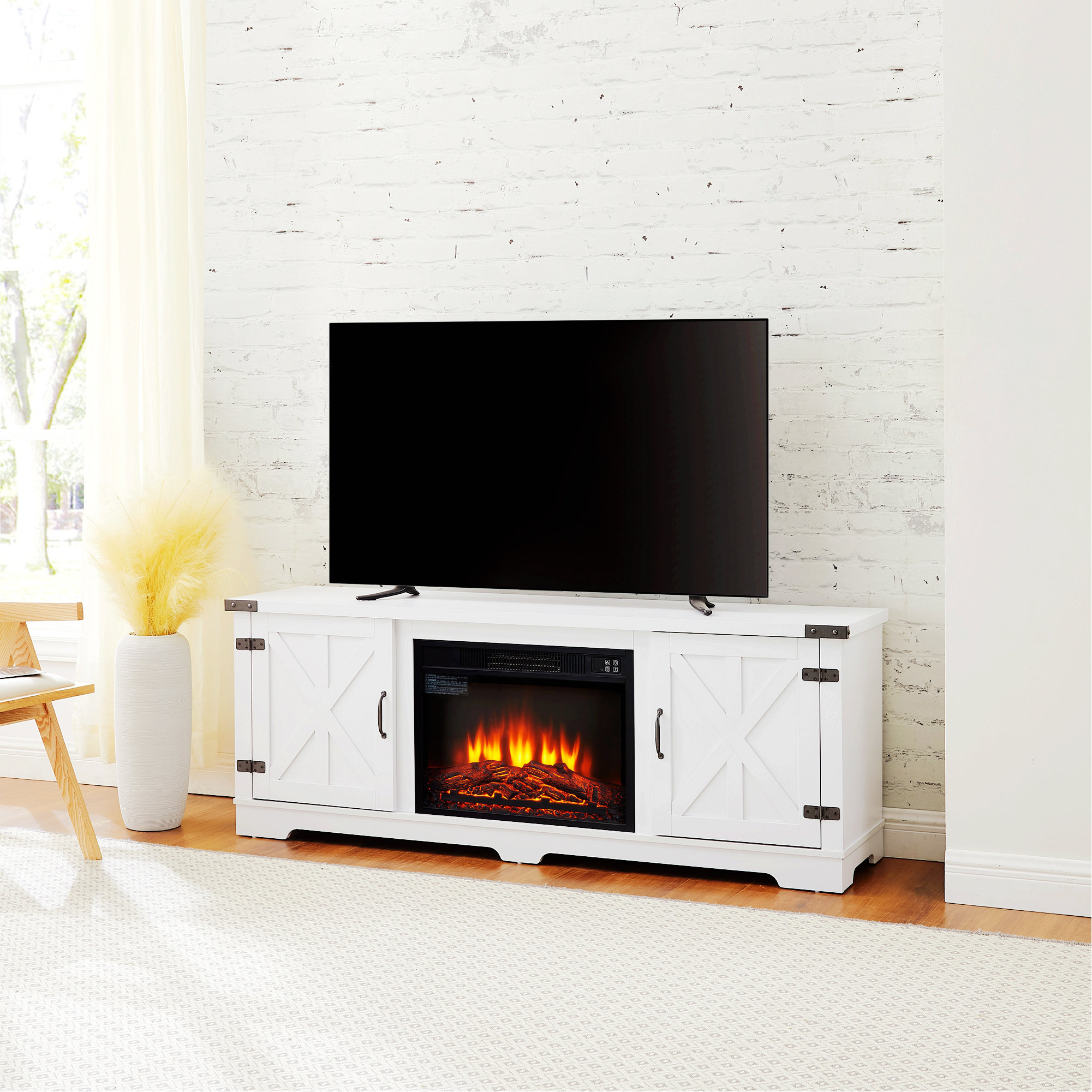 Gracie Oaks TV Media Stand with Fireplace Insert with Open Shelves and