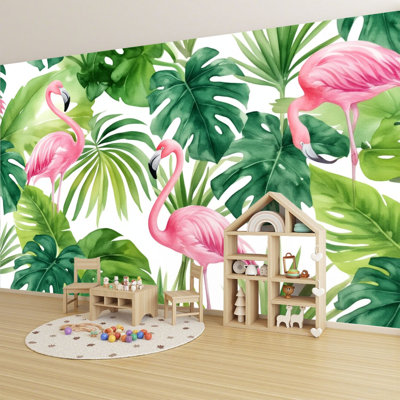 Peel and Stick Wallpaper Floral Pink Flamingo Tropical Palm Leaf Removable Nursery Home Decor Wall Murals 69"H x 96"W Removable PVC Wall Paper Self-Adhesive Wall Decor for Bedroom Living Room Home Office