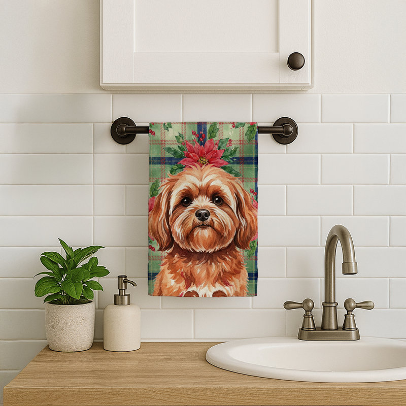 Red Lhasa Apso Christmas PoinsettIas Kitchen Towel, Red Lhasa Apso