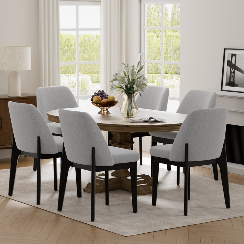 Chaise de salle à manger rembourrée en polyester 19,5 po Bason avec pieds en bois massif noir (ensemble de 6), Gris, 6