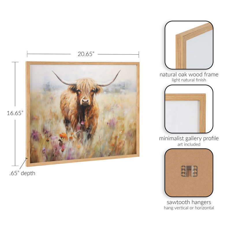 Highland Cow in a Flower Field Landscape by The Creative Bunch Studio Framed Wall Art Print, Tan Framed, 20.65" H x 16.65" W