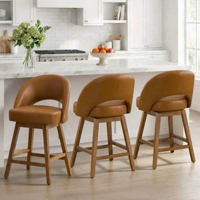 26.4" Swivel Counter Bar Stool With Pocket Spring Cushion & Solid Wood Legs, Upholstered Armless Barstools (Set of 3)