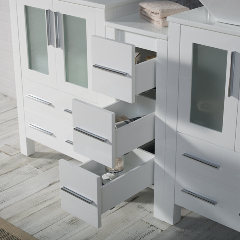 Mance 60.12'' Double Bathroom Vanity with Ceramic Top, Glossy White