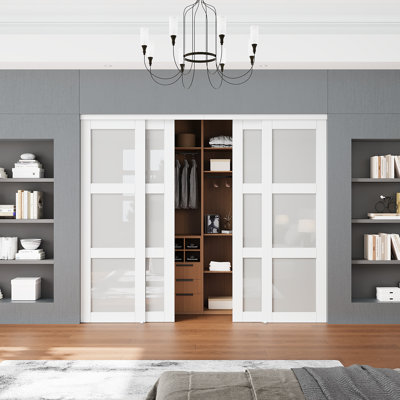 144" x 80" 3-Lite Frosted Tempered Glass White  Sliding Closet Door Complete Hardware Kit & Handles, Easy Self-Assembly Interior Sliding Room Divider for Pantry, Laundry Room (Door panels require assembly)