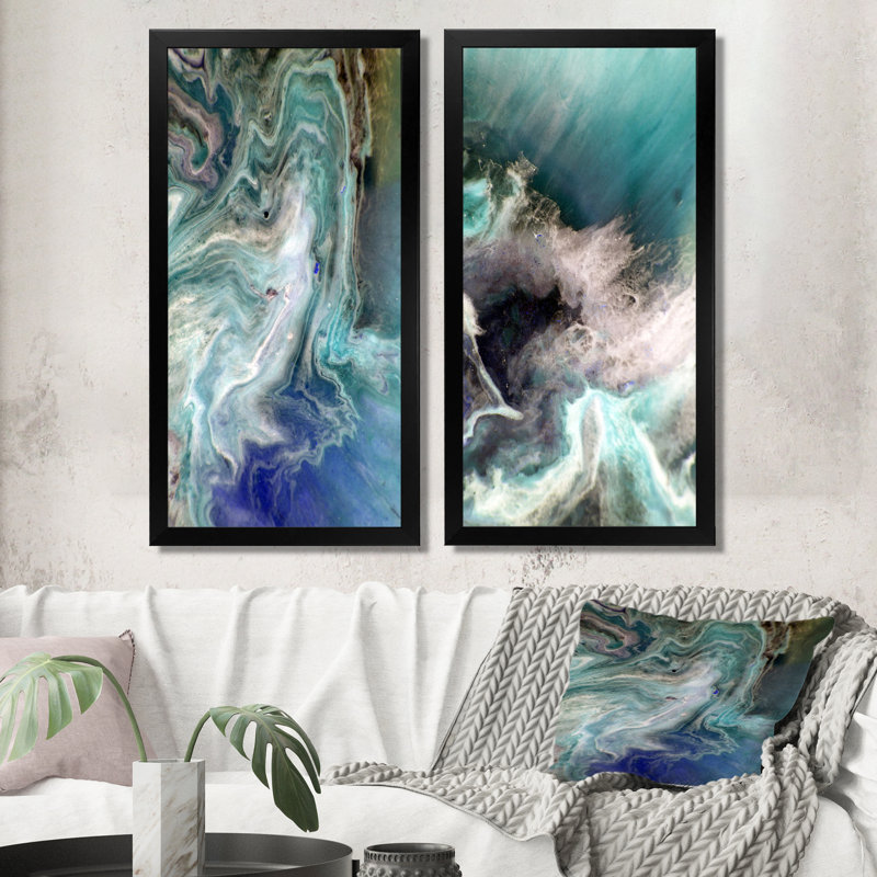 Turquoise, art liquide - ensemble de 2 peintures sur toiles, H 20 po x l 24 po x P 1 po, Cadre photo noir