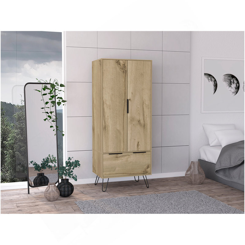 Light Oak Wooden Wardrobe With 2-Doors And 1-Drawer