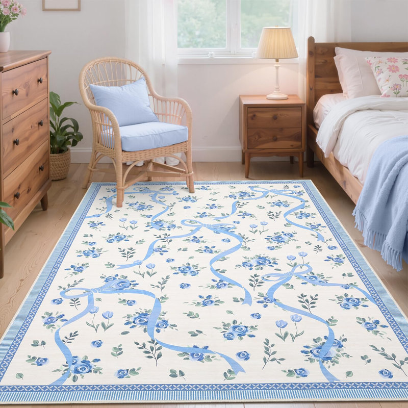 Washable Area Rug Bow Décor, Blue, Rectangle 10' x 13'