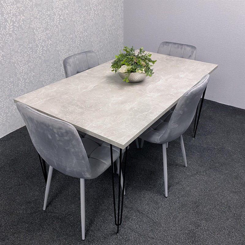 Dining Table with Hairpin Legs & 4 Velvet Chairs Set for Kitchen & Dining Room, 75cmH x 117cmL x 77cmW, Grey 