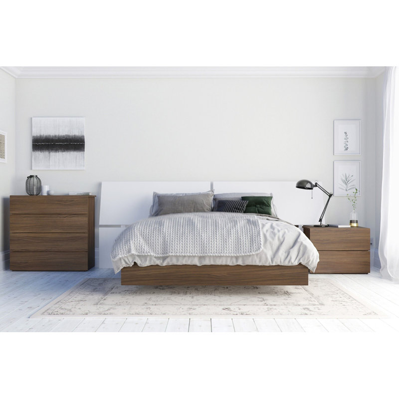 Ensemble de chambre à coucher Pertev, Grand, 2 pièces (lit et table de chevet), Tête de lit blanche