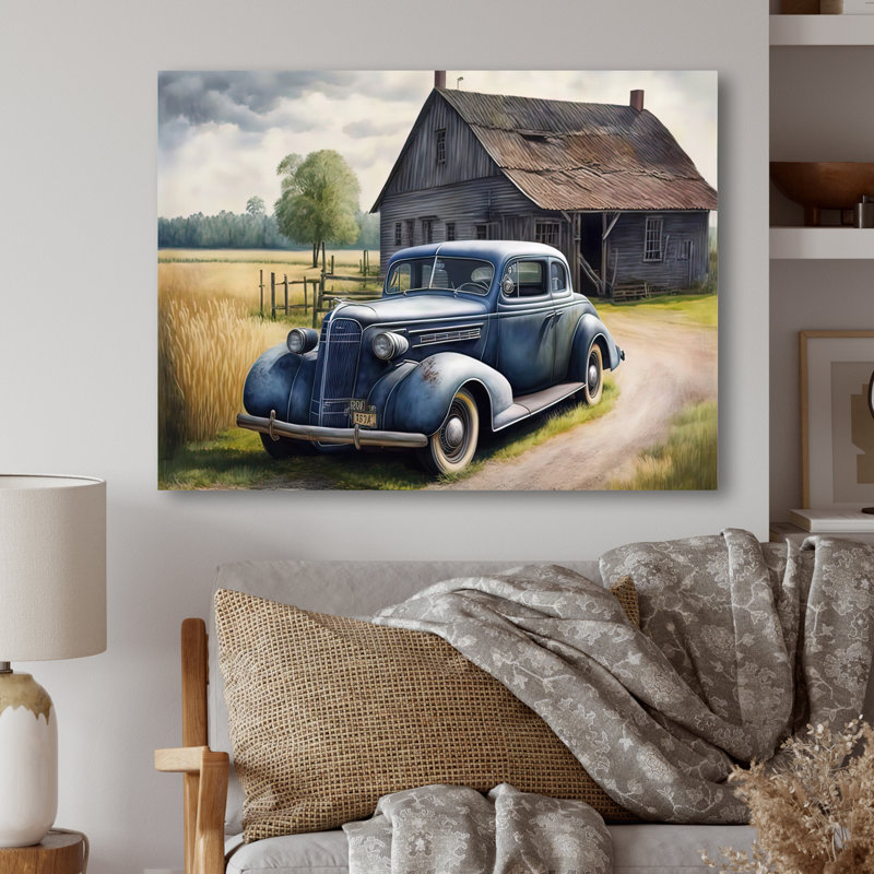 Vieille voiture bleue à la grange - peinture sur toile, H 12 po x l 20 po x P 1 po, Toile tendue