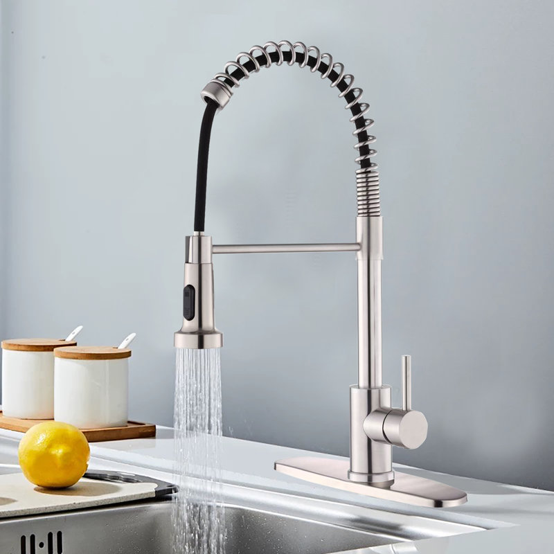 Robinet de cuisine avec douchette rétractable industrielle à 1 poignée 1 trou ou robinet à 3 trous pour lavabos-lavabos utilitaires de style campagnard, acier inoxydable, nickel brossé