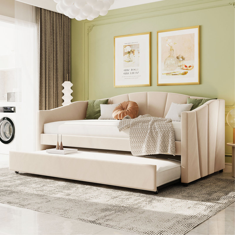 Upholstered Daybed Sofa Bed Twin Size With Trundle Bed And Wood Slat ,Beige, Beige