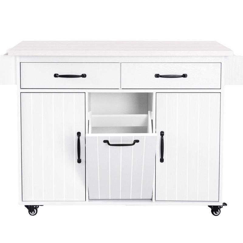 Îlot de cuisine moderne avec abattant pliable, étagères réglables, rangement pour poubelle, porte-serviettes sur chariot blanc, dissimulé -