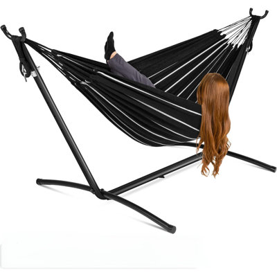 Double Hammock with Foldable Steel Stand and Carry Bag, Standing Hammock, Indoor Outdoor, 450 LBS Weight Capacity, Suitable for Garden Camping Beach, Onyx