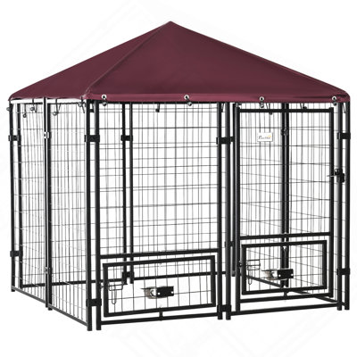 5' X 5' X 5' Dog Kennel Outdoor With Rotating Bowl Holders, Walk-In Pet Playpen, Welded Wire Steel Dog Fence With Water-And UV-Resistant Canopy, Black And Red