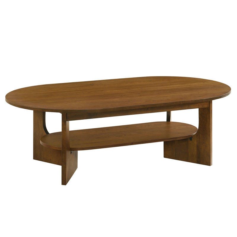 Modern Walnut Two-Tier Oval Coffee Table - Solid Wood With Stylish Legs - 55" Top & 40" Lower Shelf