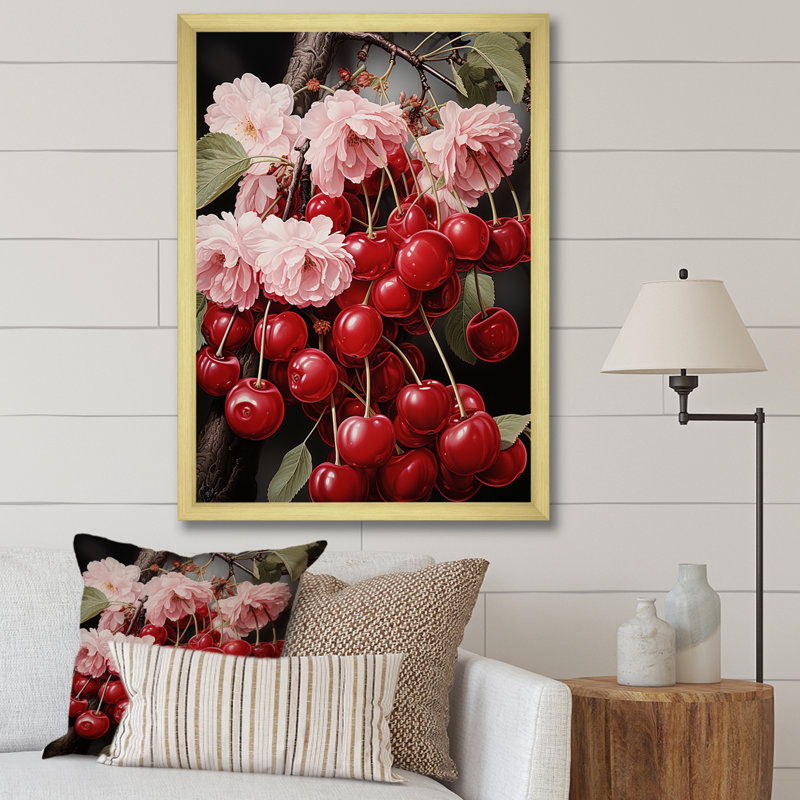 Red Cherry Fruit Beauty I - Art mural cerise, Cadre doré simple, H 20 po x l 12 po x P 1 po