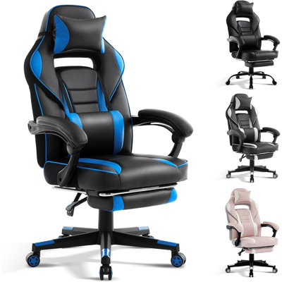 Fauteuil de jeu avec repose-pieds et soutien lombaire massant, fauteuil de bureau ergonomique grande taille supportant jusqu'à 136 kg, dossier haut inclinable en cuir PU avec appui-tête, pivotant à 360°, rose