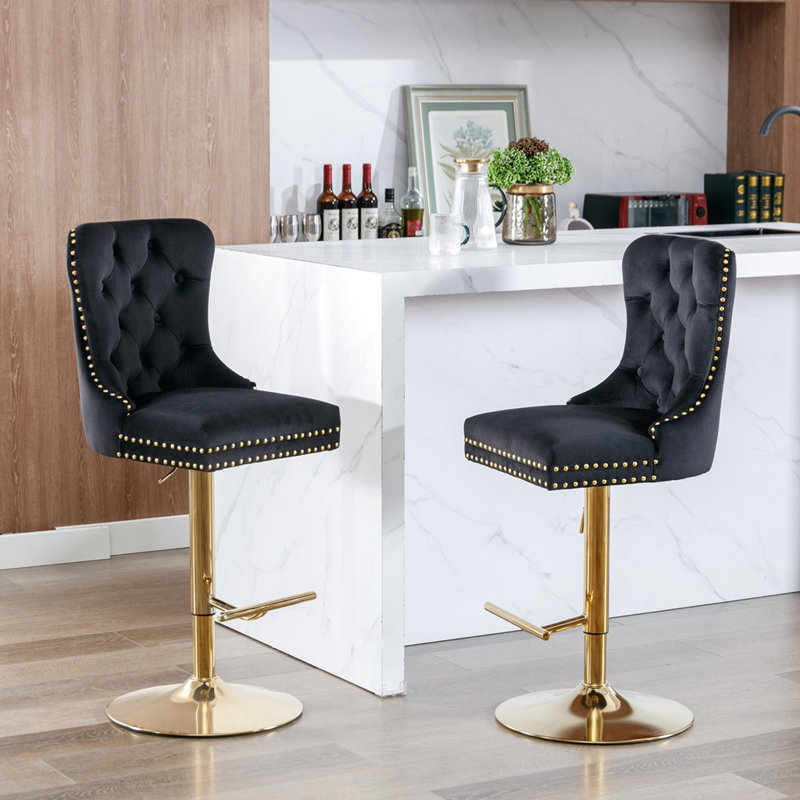 Golden Swivel Velvet Barstools Set Of 2, Black