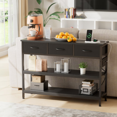  43.3'' Modern Wood Console Table with 3 Fabric Drawers, Rectangle Narrow Entryway Sofa Table with Charging Station And Open Shelves For Hallways, Living Rooms, And Small Spaces