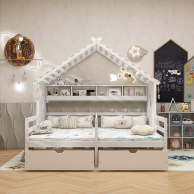 Twin Size Kids Bed, Twin House Bed with Two Beds Side by Side, House Bed for Kids with 4 Built-In Bookcase Compartments & 2 Under-Bed Storage Drawers, Kids House Bed Frame, White