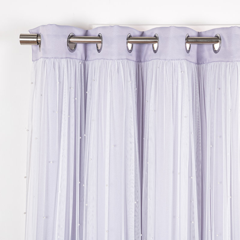 Pearl Beaded Tulle Overlay Room Darkening Grommet Curtains (Set Of 2), 52" W x 96" L , Lilac