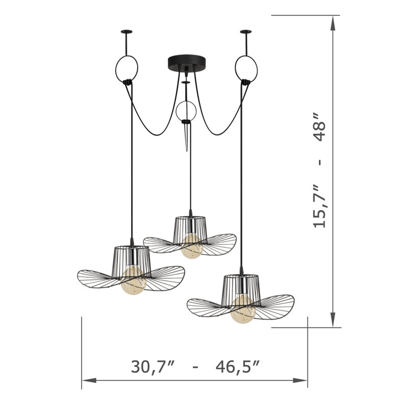 Adjustable Height 3 Lights Metal Body Fedora Hat Chandelier