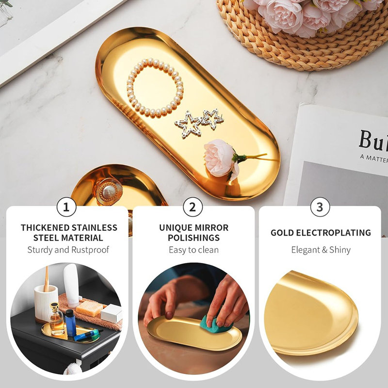 Plateaux décoratifs dorés en acier inoxydable, ensemble de plateaux de coiffeuse ovales pour la salle de bain, bijoux, parfums et accessoires