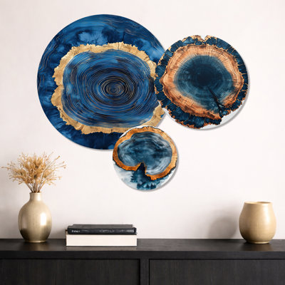 «Wood Slide Of A Blue Lake Forest I», art mural en métal 3 pièces