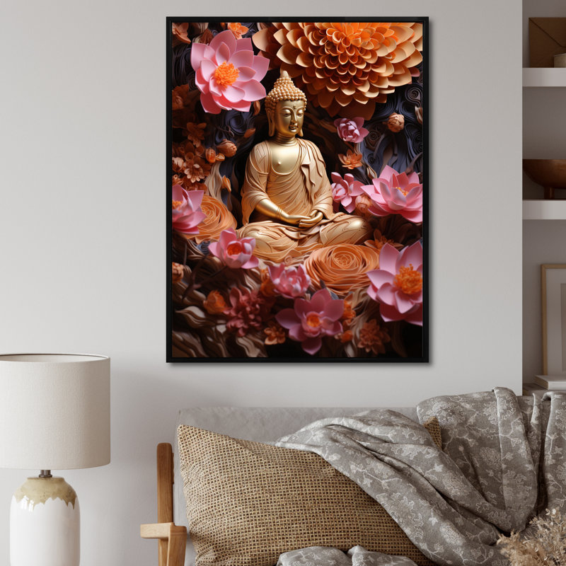 Reproduction d'art sur toile, bouddhisme doré, L 24 po x H 32 po, Cadre flottant noir