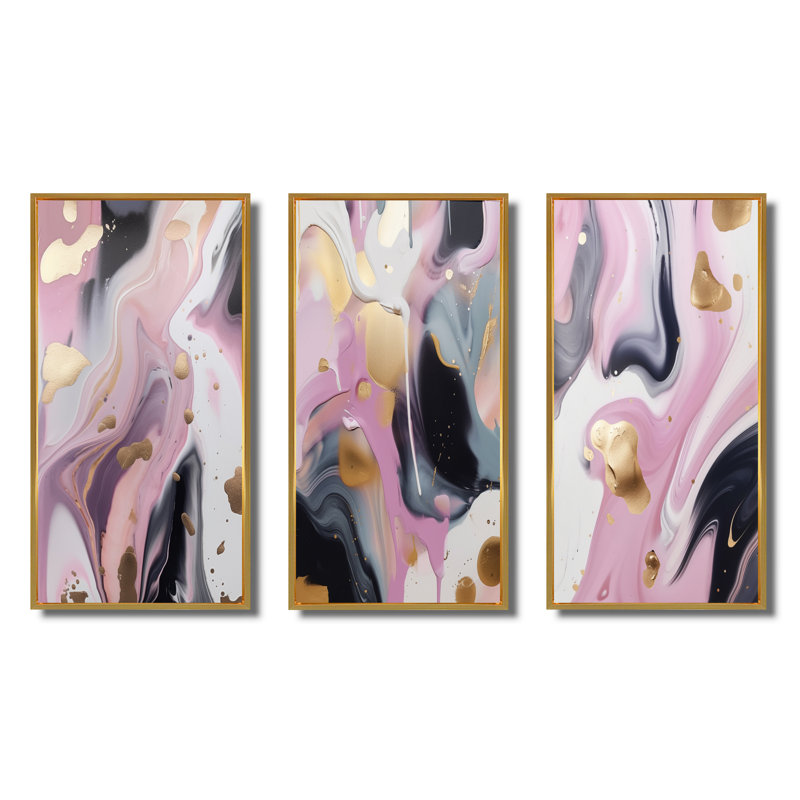 «Gold and Pink Swirl Ink», 3 pièces sur toile, Cadre flottant doré, H 40 po x l 60 po