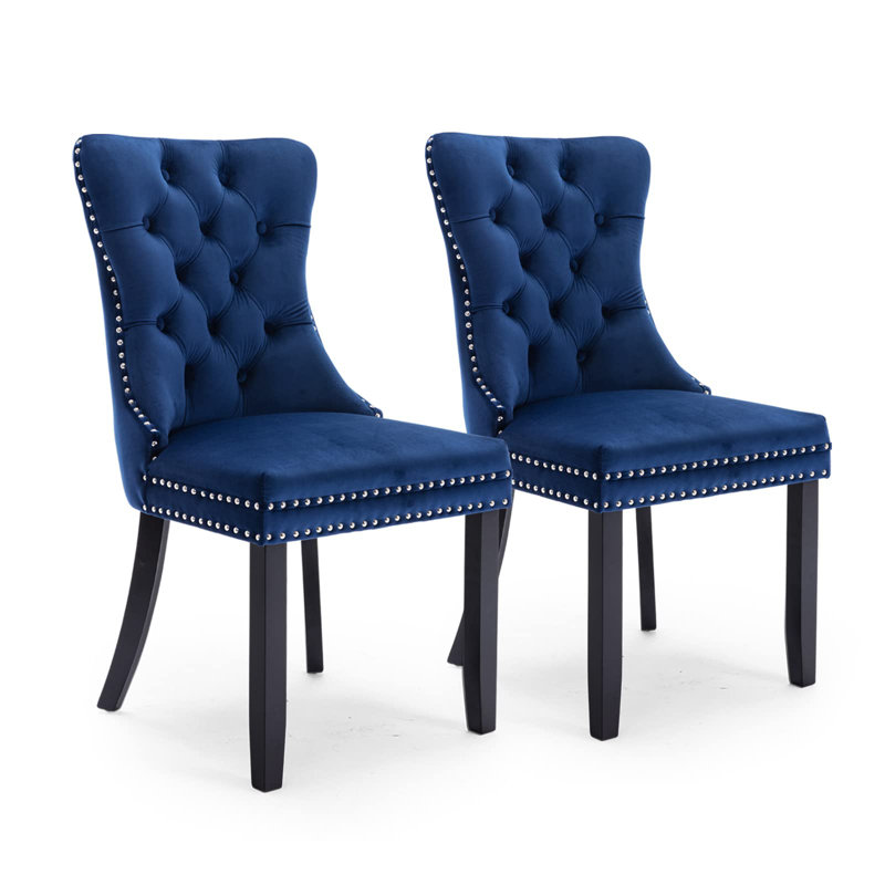 Friedrun Velvet Dining Chair Tufted Dining Room Chair with Solid Wood Leg, Blue