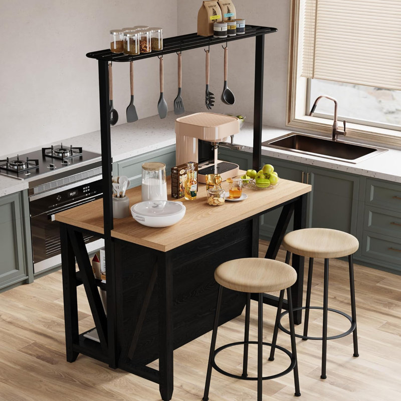 Îlot de cuisine avec prise de courant et lumières DEL - Étagère de boulanger avec rangement, Noir