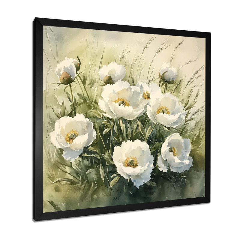 Pivoines dans le champ d'herbe - pivoines, art mural, H 36 po x l 36 po, Reproduction encadrée d'une seule photo