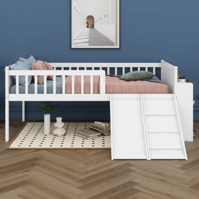 Lit plateforme avec glissade, tablette de rangement et espace sous le lit, cadre de lit en bois avec échelle et garde-corps de sécurité