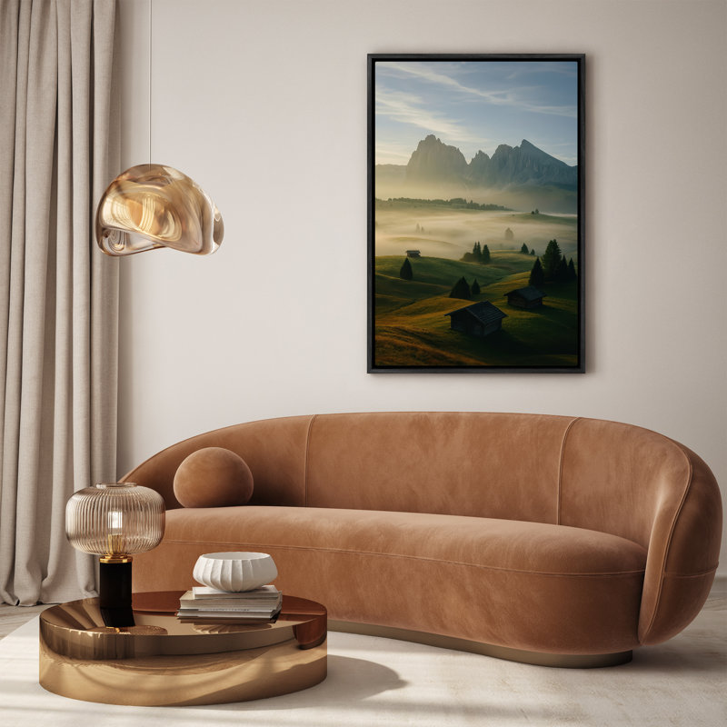 Golden Morning Alpine Meadows with Mountain Cabins, reproduction d'art encadrée, H 24 po x l 16 po, Noir