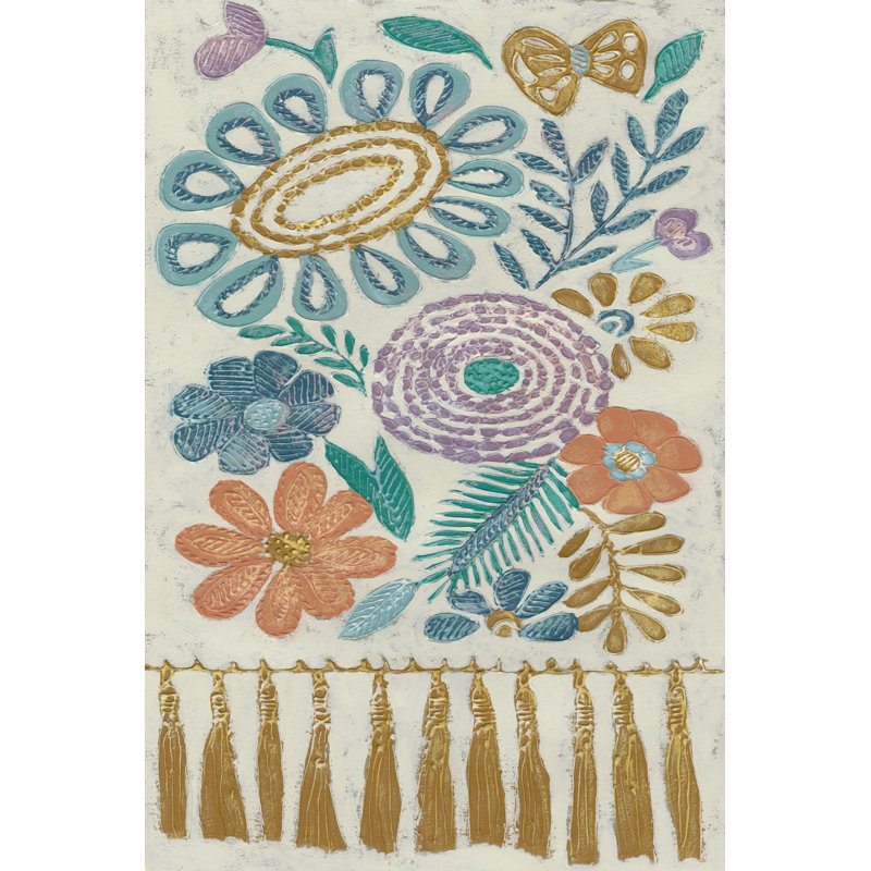 «Tassel Tapisserie II» par Chariklia Zarris - peinture sur toile tendue, H 48 po x l 32 po x P 1,25 po