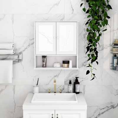 Armoire murale de salle de bain avec double porte miroir et tablettes - Tablettes réglables peu encombrantes peintes en blanc, instructions d'assemblage incluses et guide simple et élégant