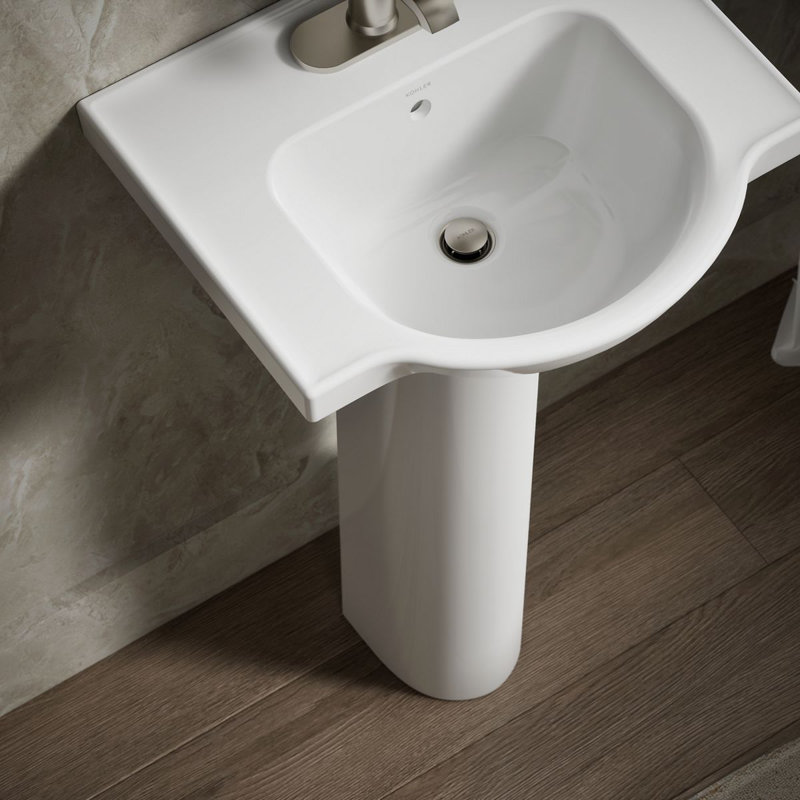 Veer™ Ceramic Pedestal Bathroom Sink with Overflow, White, 4" Centers, 35.5" H x 21" L x 18.25" W