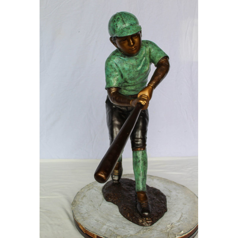 Statue de garçon de baseball en bronze Nifao - sculpture de jeune sportif avec patine verte et brune - œuvre d'art en bronze coulé à la cire perdue pour le jardin, le parc ou la maison 27 po x 12 po x H 24 po