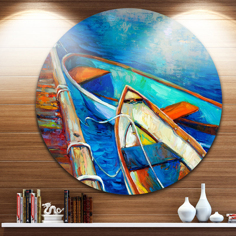 Bateaux et jetée dans l'ombre bleue - reproduction d'art, H 23 po x l 23 po x P 1 po, Métal