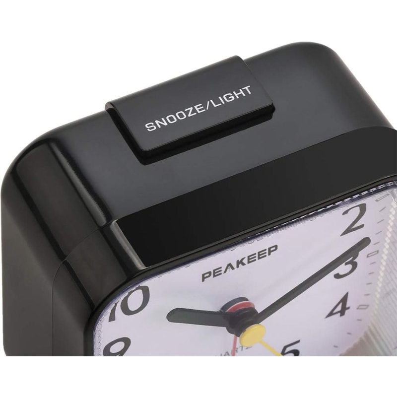 Small Battery Operated Analogue Travel Alarm Clock Silent No Ticking Lighted On Demand And Snooze Beep Sounds, Gentle Wake, Ascending Alarm, Easy Set (Black)
