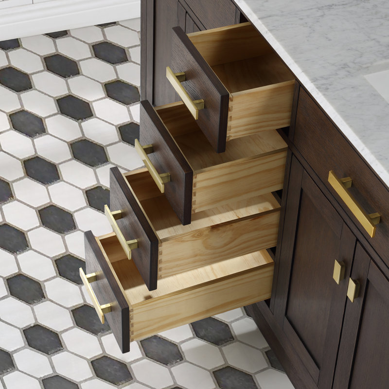 Chestnut 60" Carrara White Marble Countertop Bath Vanity with Mirror, Brown Oak