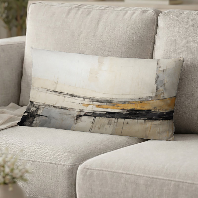 Coussin décoratif abstrait noir et beige, H 12 po x l 20 po