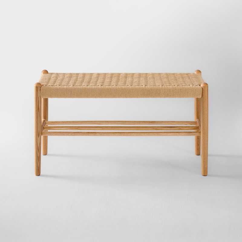 31.5"W Solid Beech Assembled  Woven Shoe Bench with Shoe Rack, 31.5"W, Natural Wood